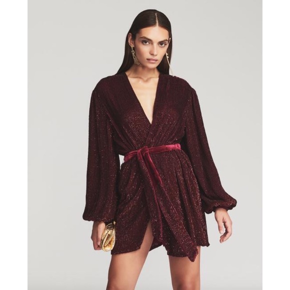 Retrofete Gabrielle sequin robe plum burgundy long sleeve mini dress Size Large - Picture 3 of 9
